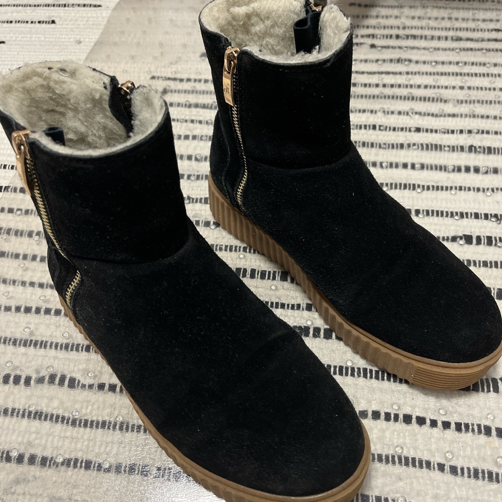 Black Suede Shearling-Lined Zip Ankle Boots
